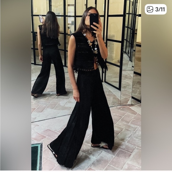 Zara wrinkle satin effect high waist super wide leg black pants sz.XS - Picture 3 of 15